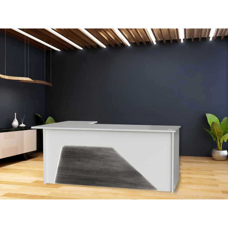 Reception Counter Solutions Ambiance Arc Reception L Shape Desk with Led Lights Front View in White and Gray Wood Modern Geometric Style 4ft 5ft 6ft or 7ft Wide