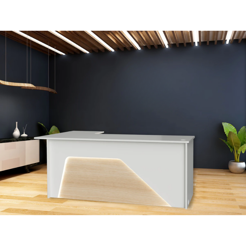 Reception Counter Solutions Ambiance Arc Reception L Shape Desk with Led Lights Front View in White and Maple Light Wood Color Modern Geometric Style 4ft 5ft 6ft or 7ft Wide