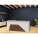Reception Counter Solutions Ambiance Arc Reception L Shape Desk with Led Lights Front View in White and Walnut Brown Wood Modern Geometric Style 4ft 5ft 6ft or 7ft Wide