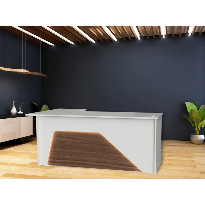 Reception Counter Solutions Ambiance Arc Reception L Shape Desk with Led Lights Front View in White and Walnut Brown Wood Modern Geometric Style 4ft 5ft 6ft or 7ft Wide