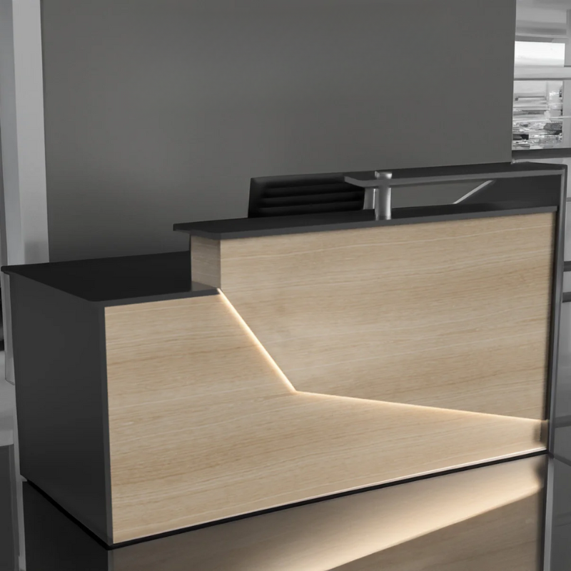 Reception Counter Solutions California Reception Desk with Led Lights Front View In Black and Maple Light Wood Color Modern Rectangle Geometric Style 6 Feet Wide