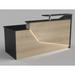Reception Counter Solutions California Reception Desk with Led Lights Front View In Black and Maple Light Wood Color Modern Rectangle Geometric Style 6 Feet Wide