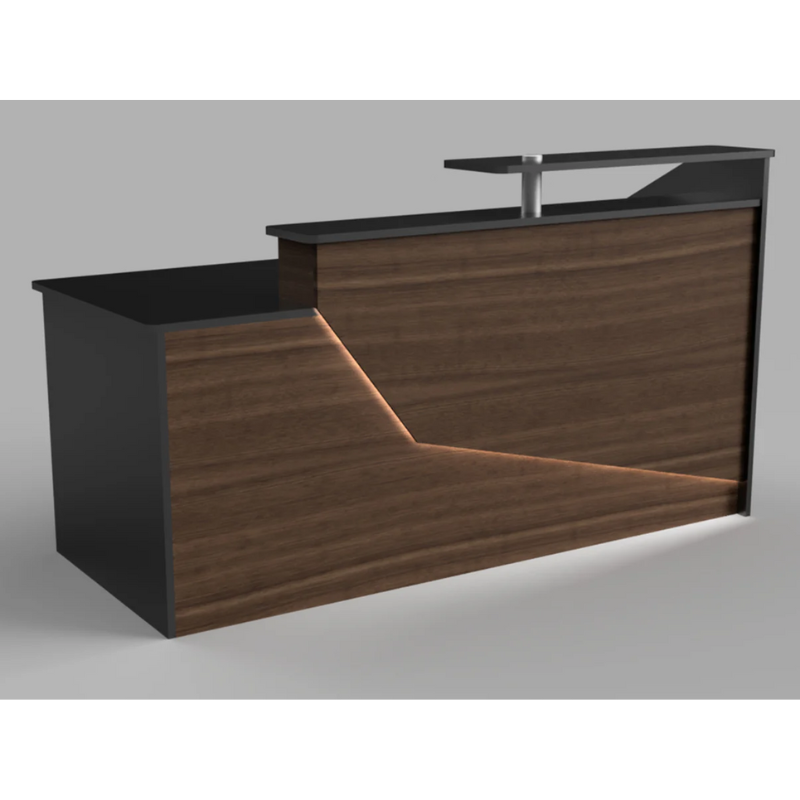 Reception Counter Solutions California Reception Desk with Led Lights Front View In Black and Walnut Brown Wood Color Modern Rectangle Geometric Style 6 Feet Wide