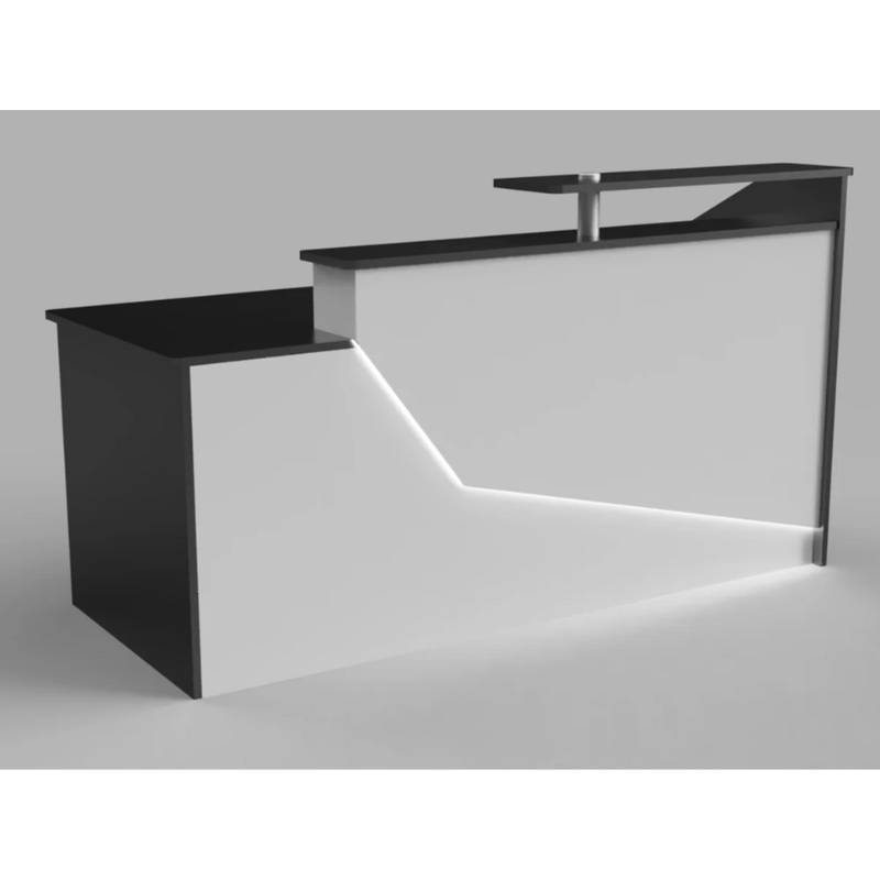 Reception Counter Solutions California Reception Desk with Led Lights Front View In Black and White Modern Rectangle Geometric Style 6 Feet Wide