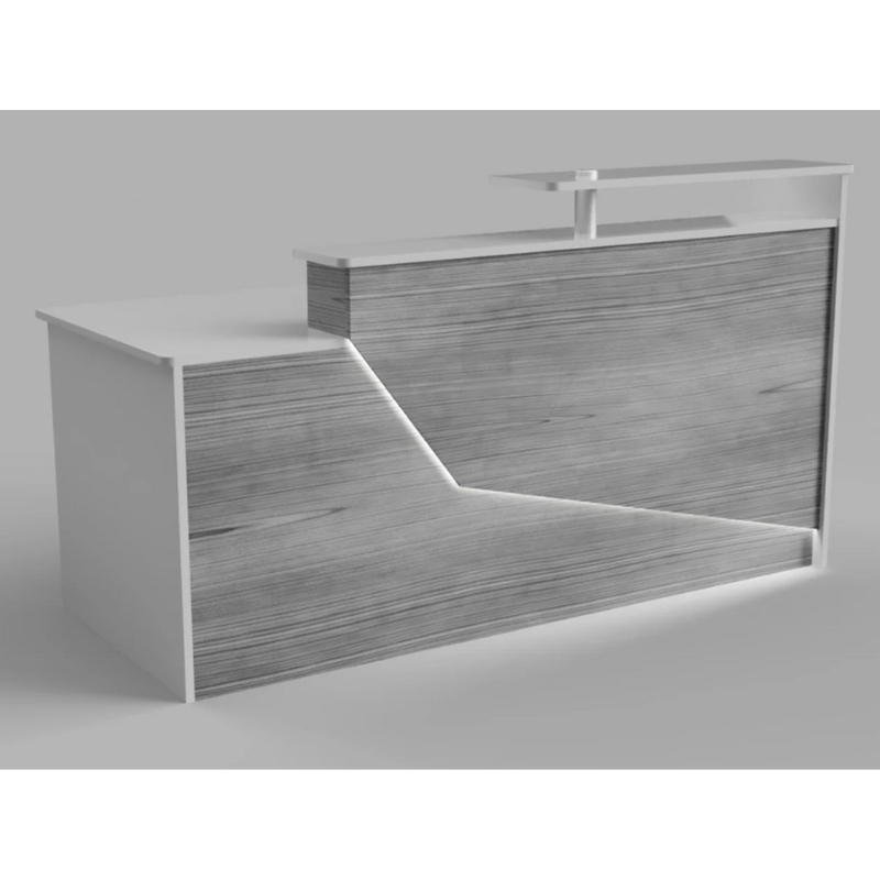 Reception Counter Solutions California Reception Desk with Led Lights Front View In White and Gray Light Wood Color Modern Rectangle Geometric Style 6 Feet Wide