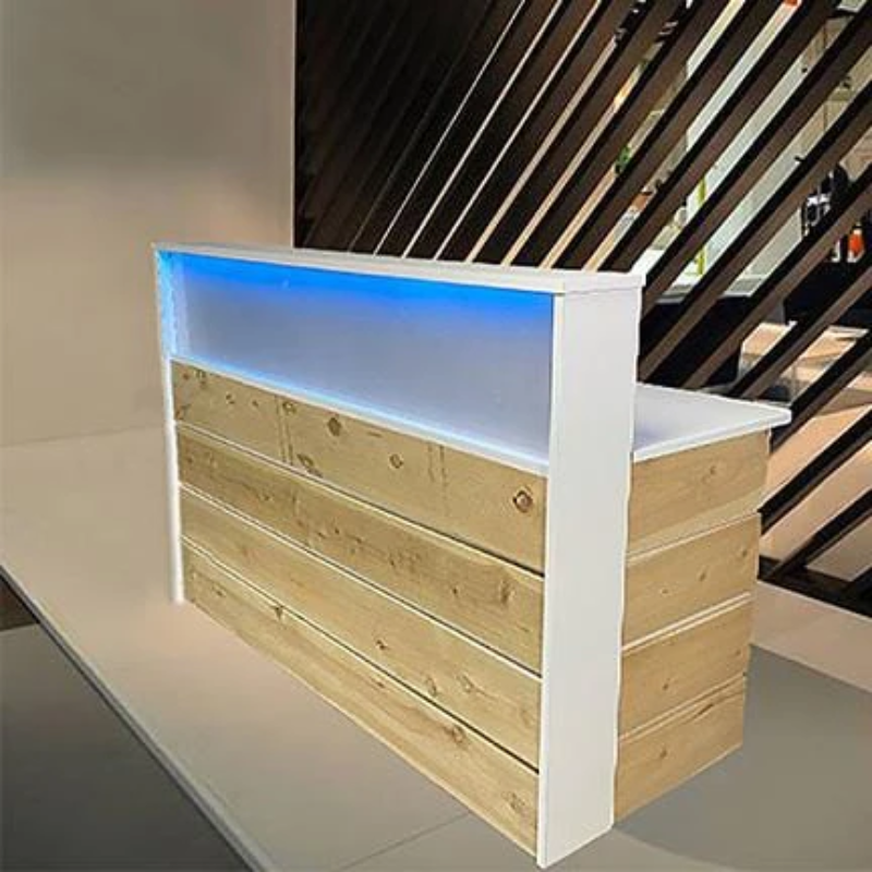 Reception Counter Solutions Frosted Malibu Reception Desk With Led Lights Front View Display in Cedar Planks Light Wood Color Thick Long Wood 5 Feet Wide