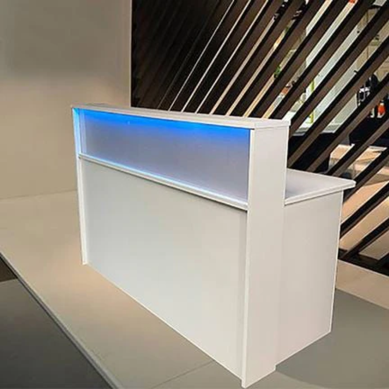 Reception Counter Solutions Frosted Malibu Reception Desk With Led Lights in All White Front View Display 5 Feet Wide