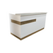 Reception Counter Solutions Maddox White Reception Desk Counter Modern Style Front Left Side View Display White Counter with Light Wood Strip Detail and Bottom Wood Border