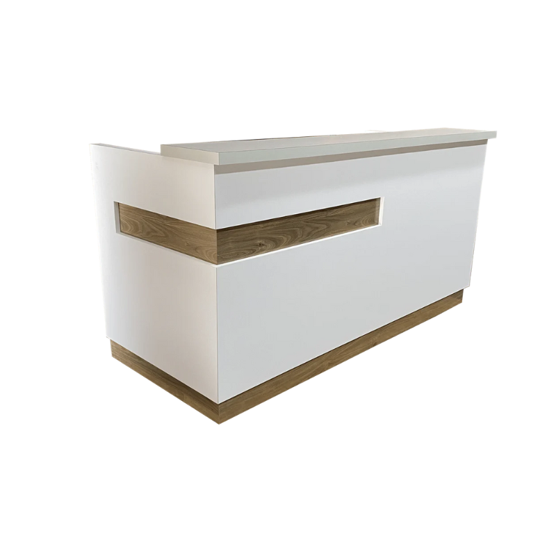 Reception Counter Solutions Maddox White Reception Desk Counter Modern Style Front Left Side View Display White Counter with Light Wood Strip Detail and Bottom Wood Border