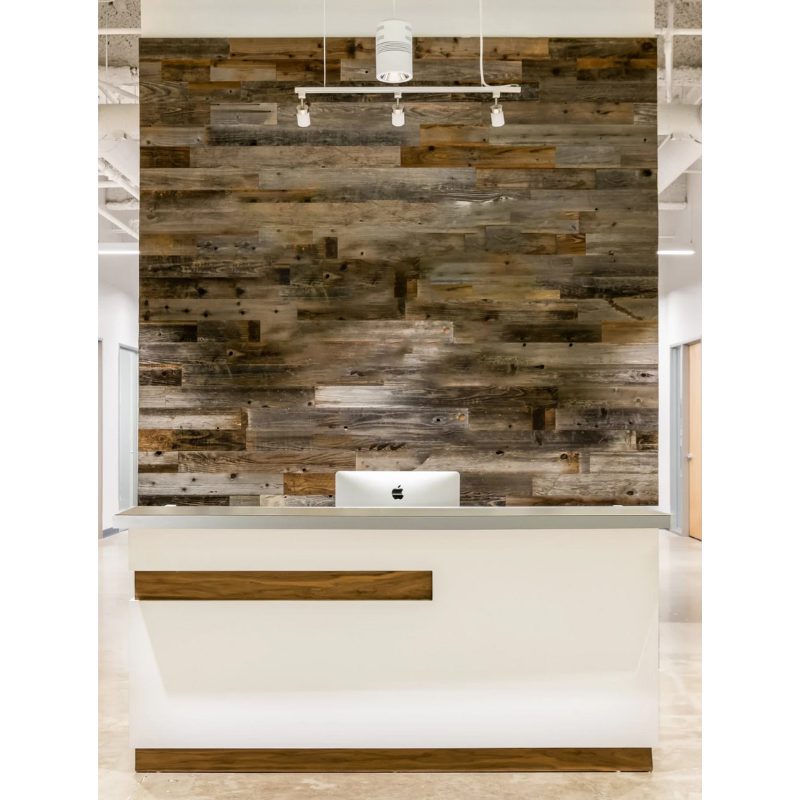 Reception Counter Solutions Maddox White Reception Desk Counter Modern Style Front View Display White Counter with Light Brown Wood Detail Strip and Bottom Wood Border