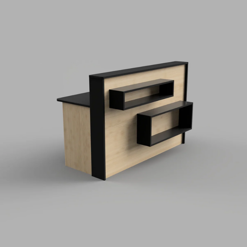 Reception Counter Solutions Madison Reception Desk with Rectangle Shelves In Black and Maple Light Wood Color Geometric Modern Style 4ft 5ft 6ft or 7ft Wide
