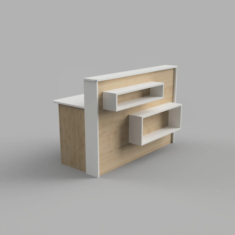 Reception Counter Solutions Madison Reception Desk with Rectangle Shelves In White and Maple Light Wood Color Geometric Modern Style 4ft 5ft 6ft or 7ft Wide