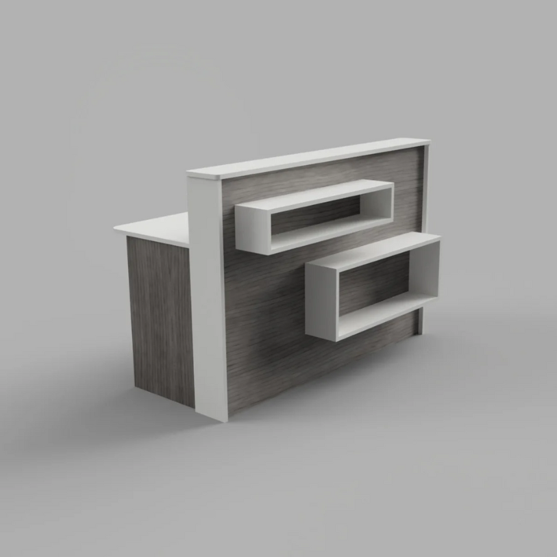 Reception Counter Solutions Madison Reception Desk with Rectangle Shelves In White and Graywood Dark Gray Wood Color Geometric Modern Style 4ft 5ft 6ft or 7ft Wide