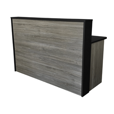 Reception Counter Solutions Malibu Reception Desk Black Border Front View In Sand Wash Wood Color Modern Rustic Wood Rectangular Counter Desk 5 Feet Wide