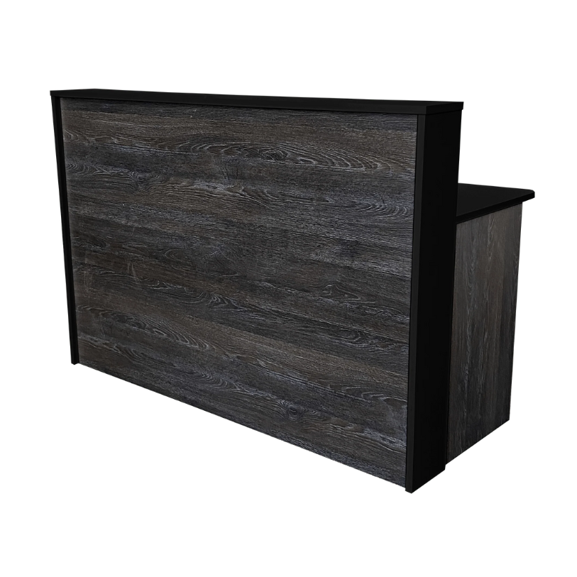 Reception Counter Solutions Malibu Reception Desk Black Border Front View In Scorched Oak Dark Wood Color Modern Rustic Wood Rectangular Counter Desk 5 Feet Wide