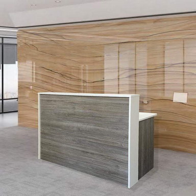 Reception Counter Solutions Malibu Reception Desk White Border Front View Display In Sand Wash Wood Color Modern Rustic Rectangle Counter 5 Feet Wide