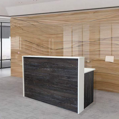 Reception Counter Solutions Malibu Reception Desk White Border Front View Display In Scorched Oak Wood Color Modern Rustic Rectangle Counter 5 Feet Wide