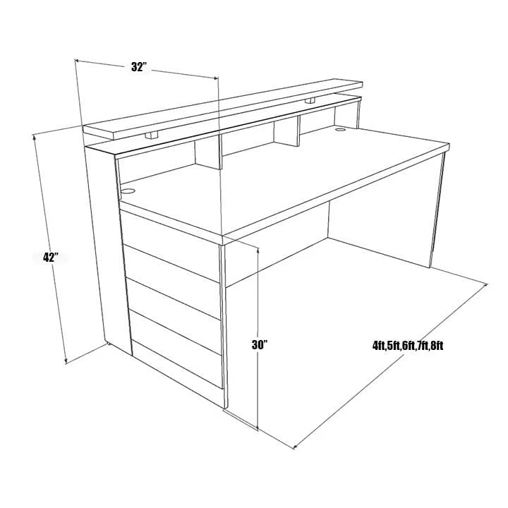 Reception Counter Solutions Memphis Reception Desk - Reclaimed Rustic Wood Reception Desk Dimensions Diagram Specifications Sheet Measurements Rectangular Sales Counter In 4 Feet 5 Feet 6 Feet 7 Feet or 8 Feet Wide