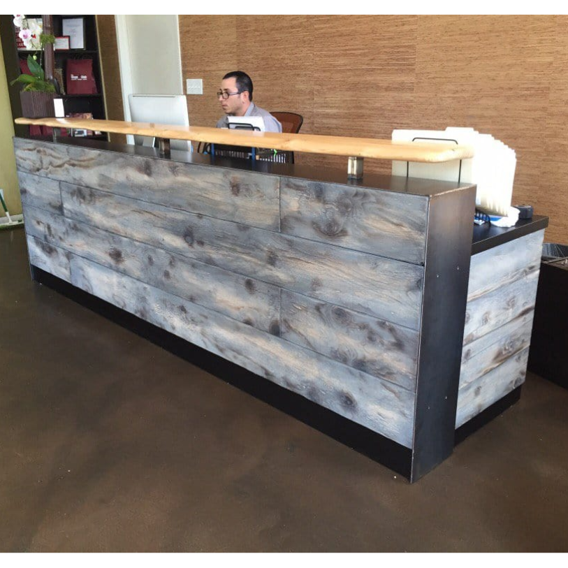 Reception Counter Solutions Memphis Reception Desk - Reclaimed Rustic Wood Reception Desk Front Angle View Rectangular Sales Counter In 4 Feet 5 Feet 6 Feet 7 Feet or 8 Feet Wide