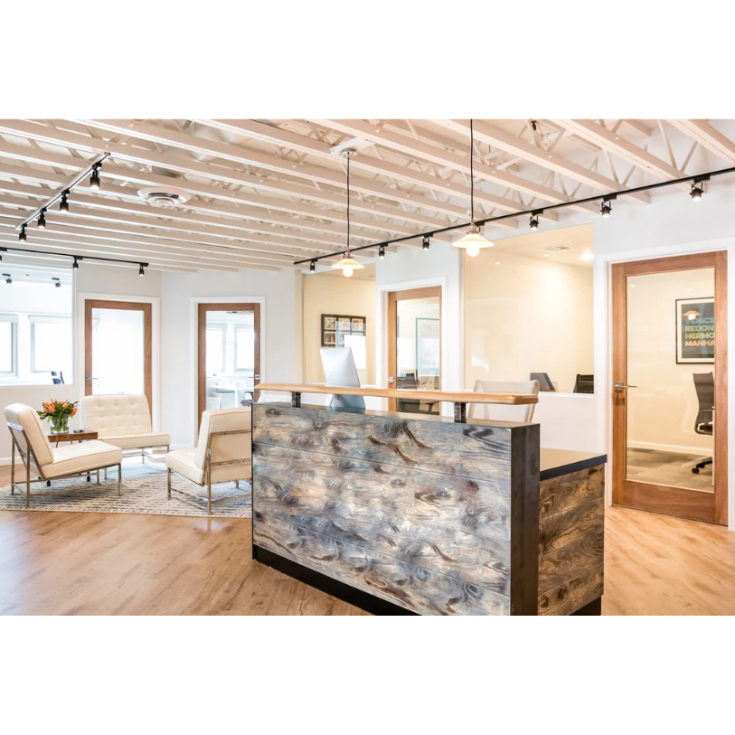 Reception Counter Solutions Memphis Reception Desk - Reclaimed Rustic Wood Reception Desk Front Far View Display Rectangular Sales Counter In 4 Feet 5 Feet 6 Feet 7 Feet or 8 Feet Wide