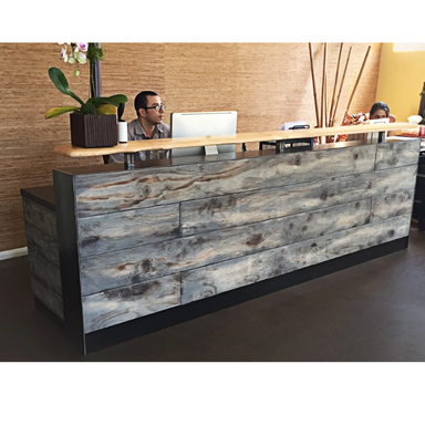 Reception Counter Solutions Memphis Reception Desk - Reclaimed Rustic Wood Reception Desk Front View Display 2 Rectangular Sales Counter In 4 Feet 5 Feet 6 Feet 7 Feet or 8 Feet Wide