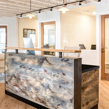 Reception Counter Solutions Memphis Reception Desk - Reclaimed Rustic Wood Reception Desk Front View Display Rectangular Sales Counter In 4 Feet 5 Feet 6 Feet 7 Feet or 8 Feet Wide