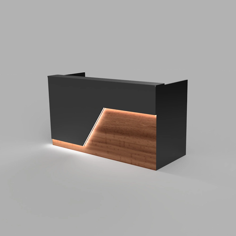 Reception Counter Solutions Miami Reception Desk with Led Lights Modern Style Front Right View In Black and Cherry Wood Color 4 Feet 5 Feet 6 Feet or 7 Feet Wide