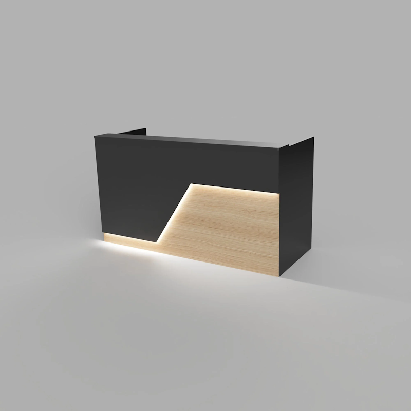 Reception Counter Solutions Miami Reception Desk with Led Lights Modern Style Front Right View In Black and Maple Light Wood Color 4 Feet 5 Feet 6 Feet or 7 Feet Wide