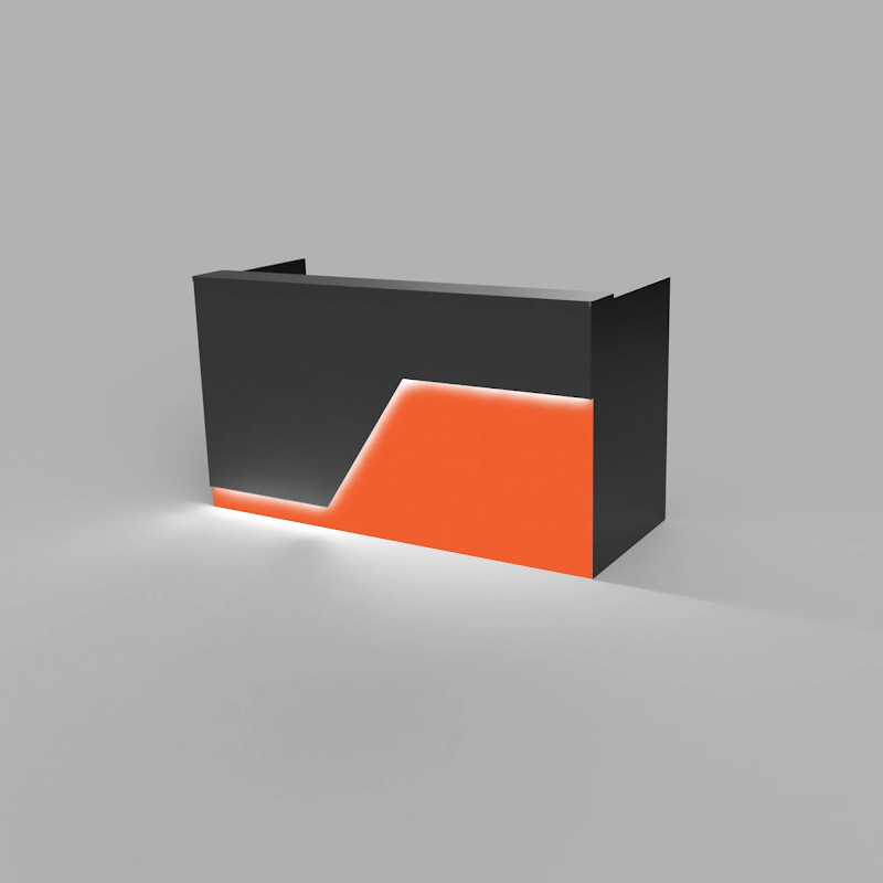 Reception Counter Solutions Miami Reception Desk with Led Lights Modern Style Front Right View In Black and Orange 4 Feet 5 Feet 6 Feet or 7 Feet Wide