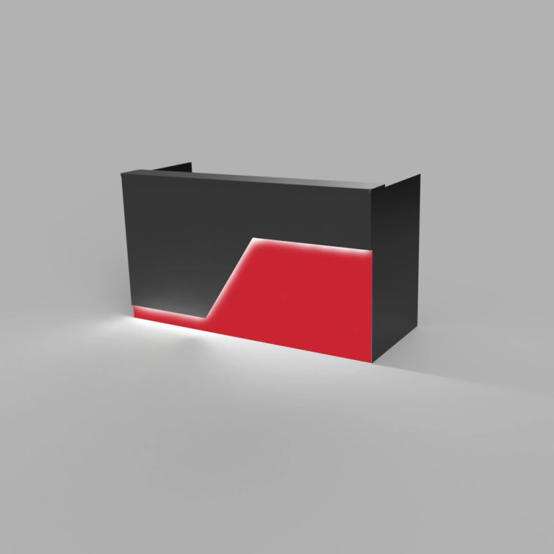 Reception Counter Solutions Miami Reception Desk with Led Lights Modern Style Front Right View In Black and Red 4 Feet 5 Feet 6 Feet or 7 Feet Wide