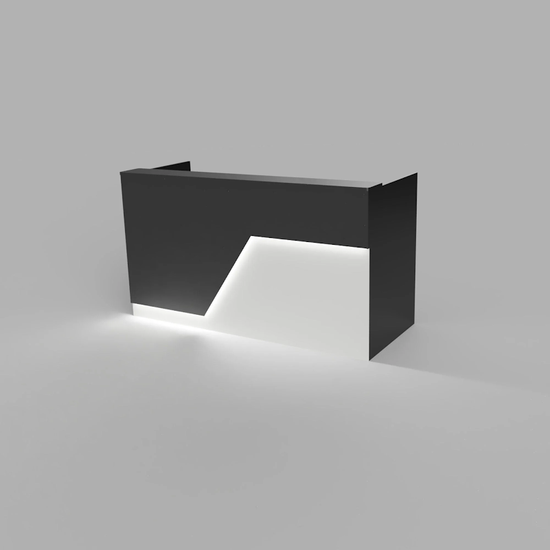 Reception Counter Solutions Miami Reception Desk with Led Lights Modern Style Front Right View In Black and White 4 Feet 5 Feet 6 Feet or 7 Feet Wide