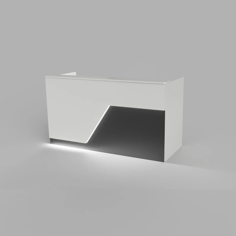 Reception Counter Solutions Miami Reception Desk with Led Lights Modern Style Front Right View In White and Black 4 Feet 5 Feet 6 Feet or 7 Feet Wide