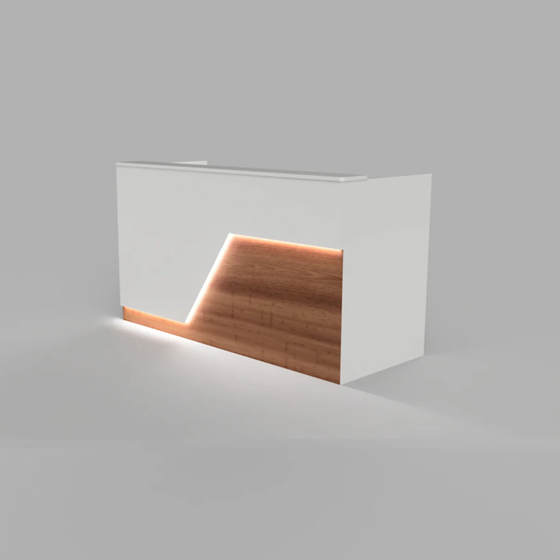 Reception Counter Solutions Miami Reception Desk with Led Lights Modern Style Front Right View In White and Cherry Wood Color 4 Feet 5 Feet 6 Feet or 7 Feet Wide