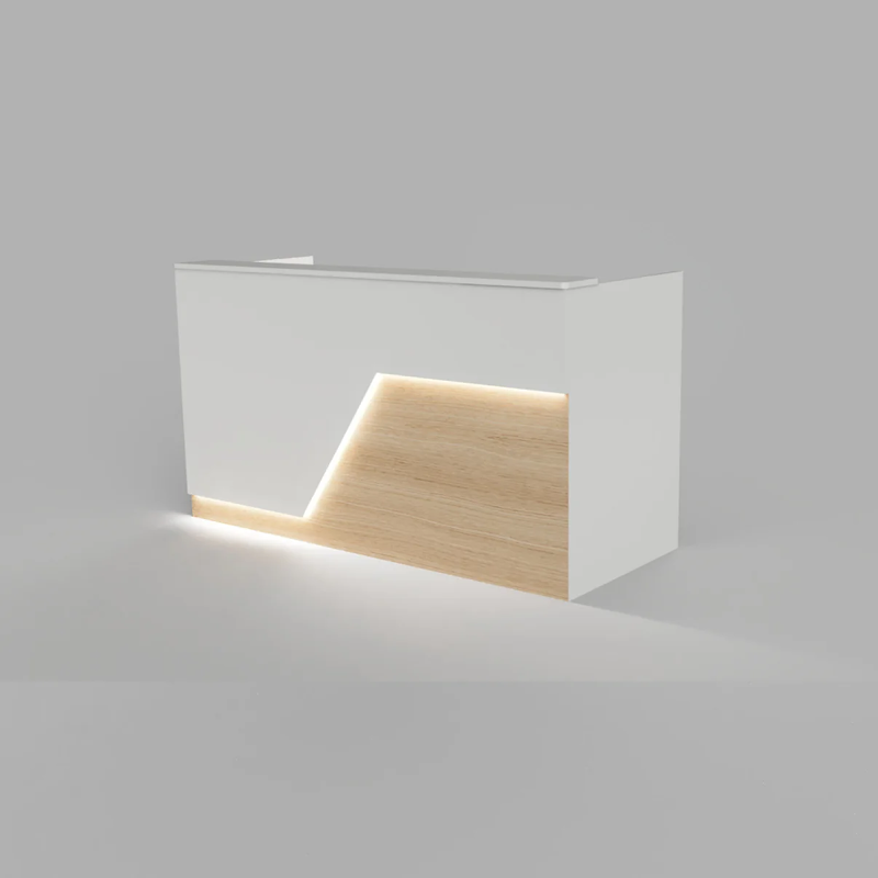 Reception Counter Solutions Miami Reception Desk with Led Lights Modern Style Front Right View In White and Maple Light Wood Color 4 Feet 5 Feet 6 Feet or 7 Feet Wide