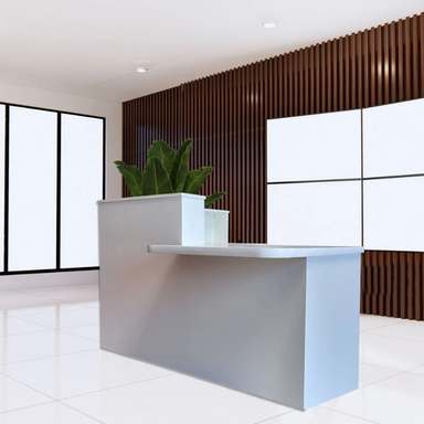 Reception Counter Solutions Monterey Reception Desk L Shape in Light Gray Front Angle View Minimalist Modern Style With Raised Desk Section