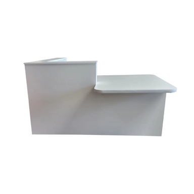 Reception Counter Solutions Monterey Reception Desk L Shape in Light Gray Front Display View Minimalist Modern Style With Raised Desk Section