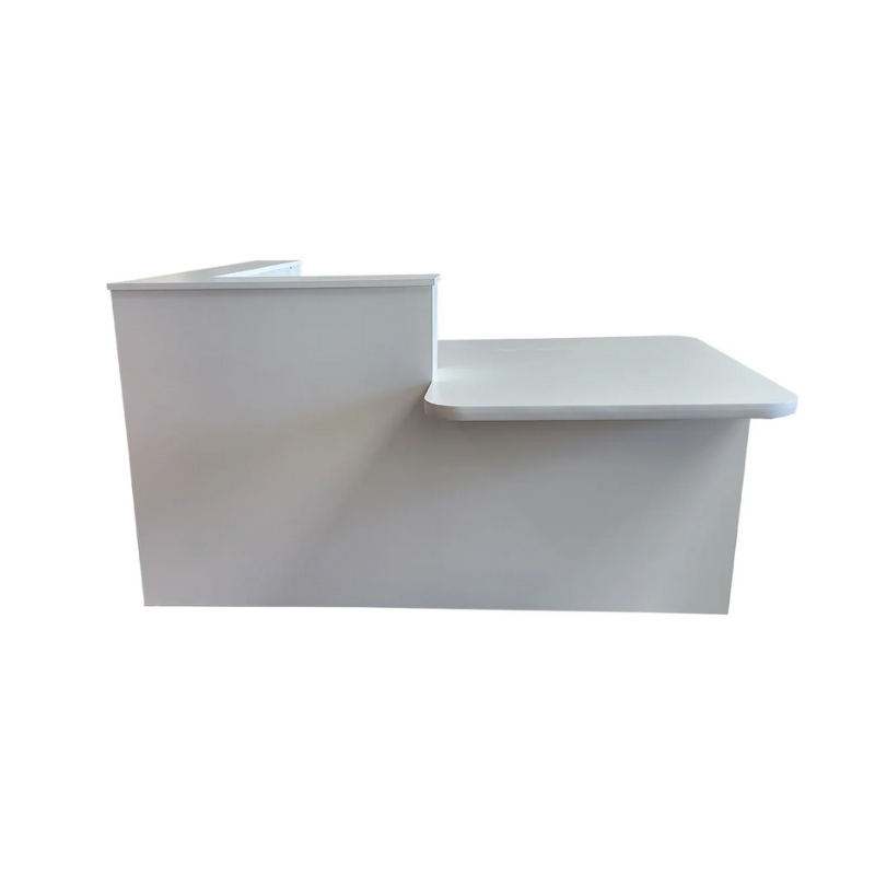 Reception Counter Solutions Monterey Reception Desk L Shape in Light Gray Front Display View Minimalist Modern Style With Raised Desk Section