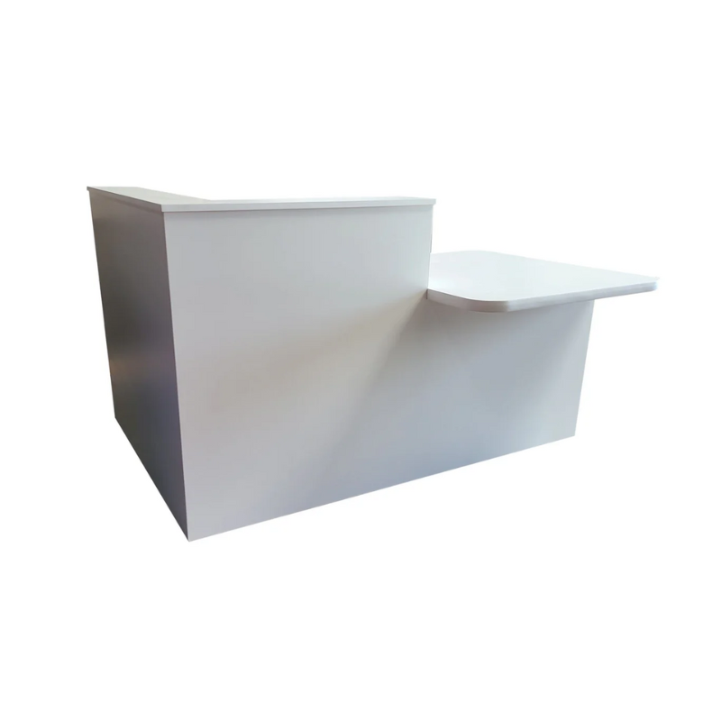 Reception Counter Solutions Monterey Reception Desk L Shape in Light Gray Front Left Angle Display View Minimalist Modern Style Desk With Raised Section