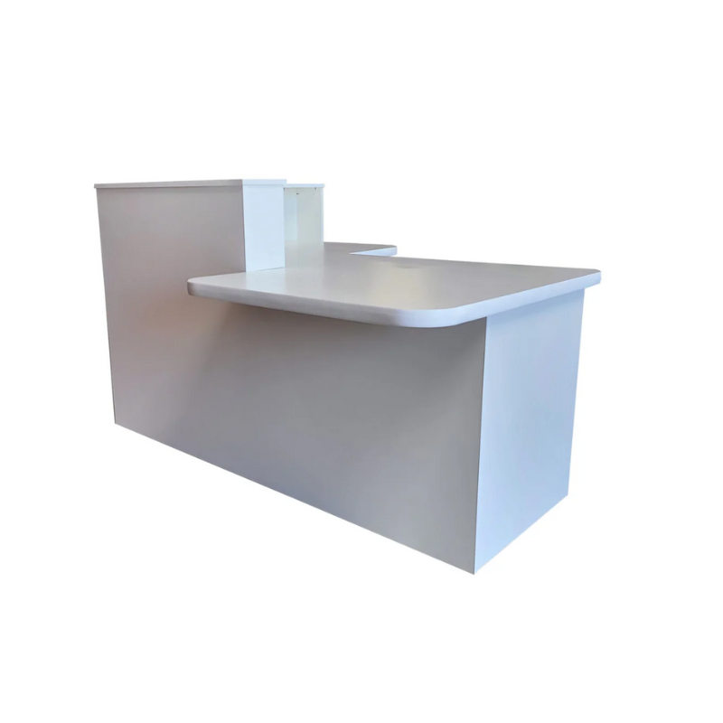 Reception Counter Solutions Monterey Reception Desk L Shape in Light Gray Front Right Angle Display View Minimalist Modern Style Desk with Raised Section