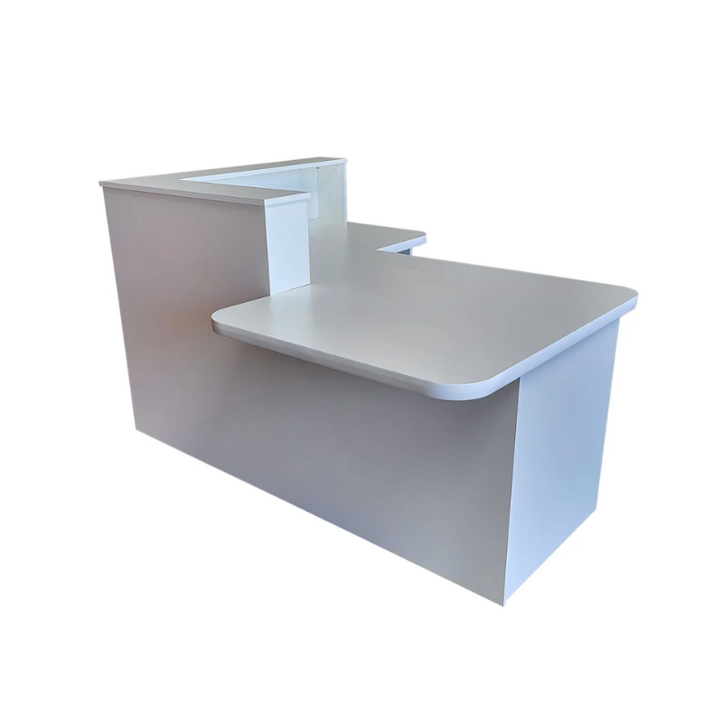 Reception Counter Solutions Monterey Reception Desk L Shape in Light Gray Front Top Angle View Minimalist Modern Style with Raised Desk Section 