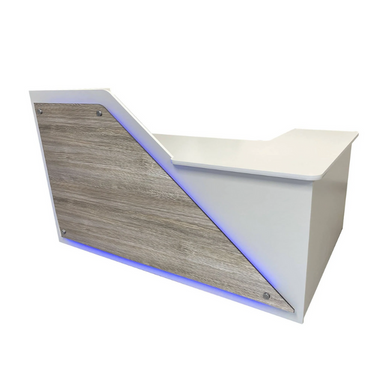 Reception Counter Solutions Newport Reception Desk with Leds Lights In Sand Wash Front View Modern Rustic 