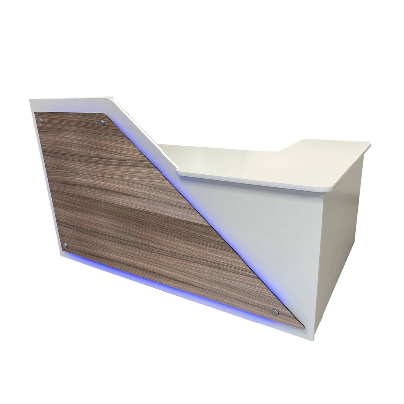 Reception Counter Solutions Newport Reception Desk with Leds Lights In Kodiak Wood Color Front View Modern Rustic 