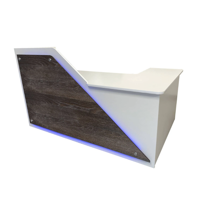 Reception Counter Solutions Newport Reception Desk with Leds Lights In Scorched Oak Wood Color Front View
