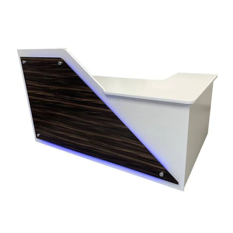 Reception Counter Solutions Newport Reception Desk with Leds Lights In Tiger Wood Dark Brown Wood Color Front View