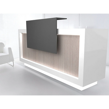 Reception Counter Solutions Quad Class 2 Tech Modern Reception Desk Front Angle Display View Beige Desk with White Border and Black Raised Shelf