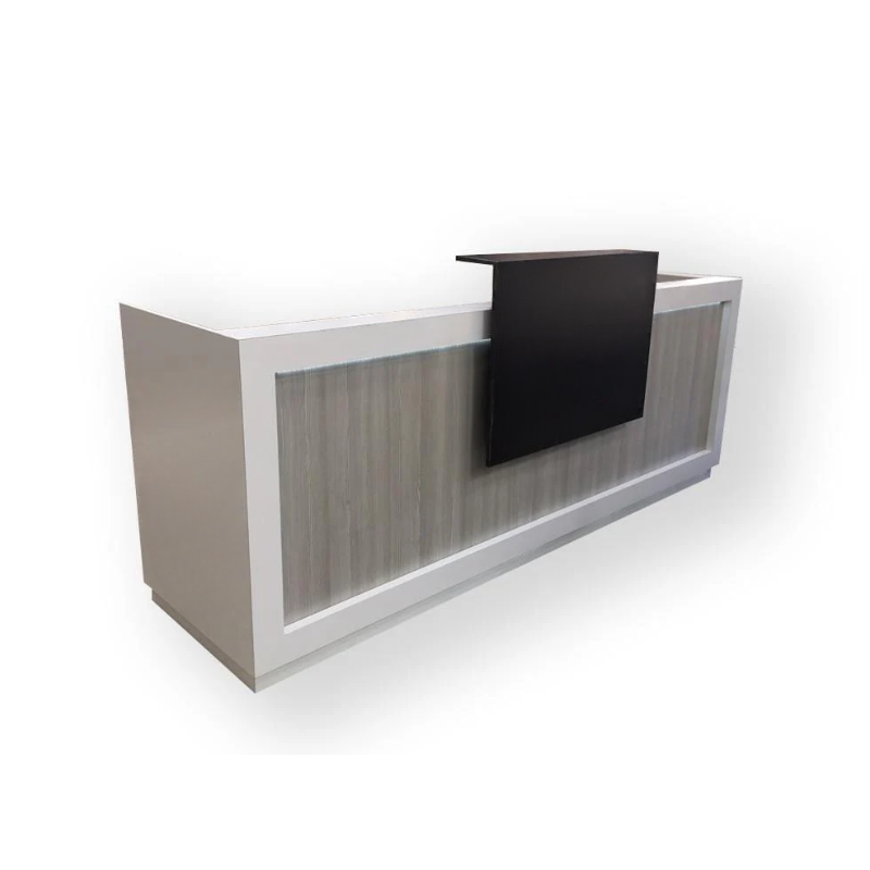 Reception Counter Solutions Quad Class 2 Tech Modern Reception Desk Front Left Side Angle Display View 2 Beige Desk with White Border and Black Raised Shelf