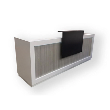 Reception Counter Solutions Quad Class 2 Tech Modern Reception Desk Front Left Side Angle Display View Beige Desk with White Border and Black Raised Shelf