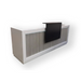 Reception Counter Solutions Quad Class 2 Tech Modern Reception Desk Front Left Side Angle Display View Beige Desk with White Border and Black Raised Shelf