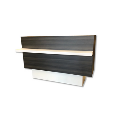 Reception Counter Solutions Remedy Reception Counter Front Angle Display View Modern Style Dark Wood Color Desk with White Shelf and Bottom