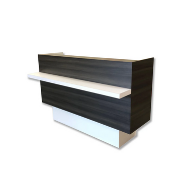 Reception Counter Solutions Remedy Reception Counter Front Right Side Angle View Modern Style Dark Wood Color Desk with White Shelf and Bottom